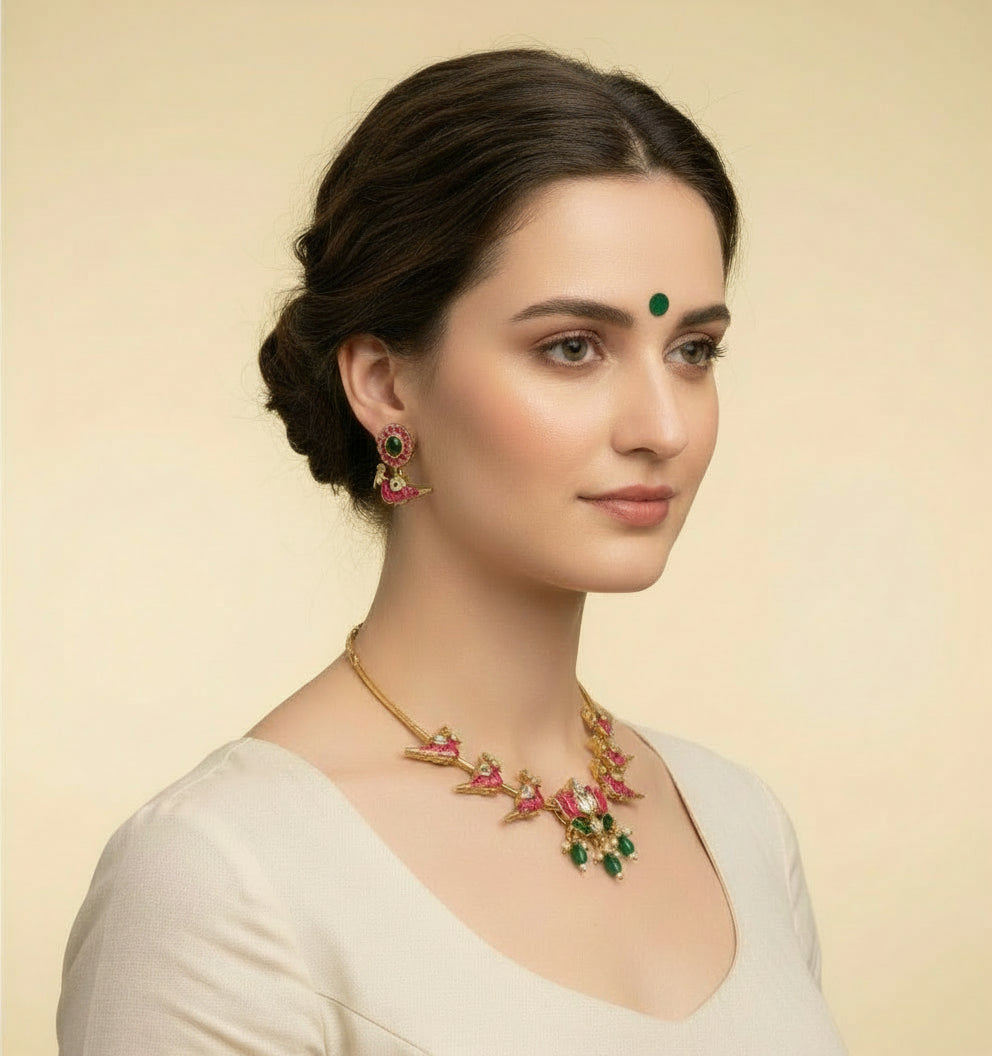 Woman wearing a gold necklace with pink and green stones on a beige background