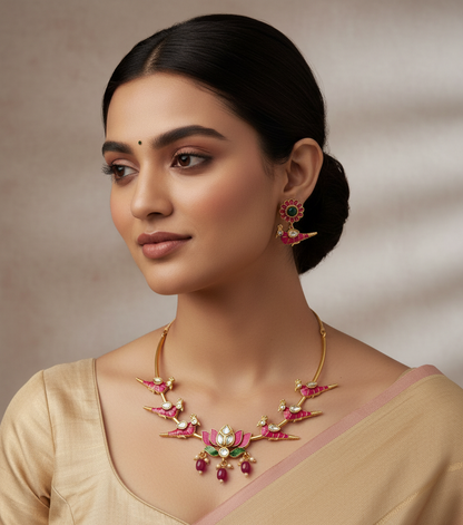 Woman wearing a gold necklace and earrings with a beige outfit on a neutral background