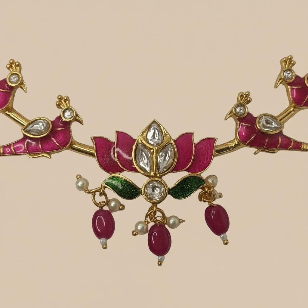 Ornate necklace with peacock design and gemstones on a beige background