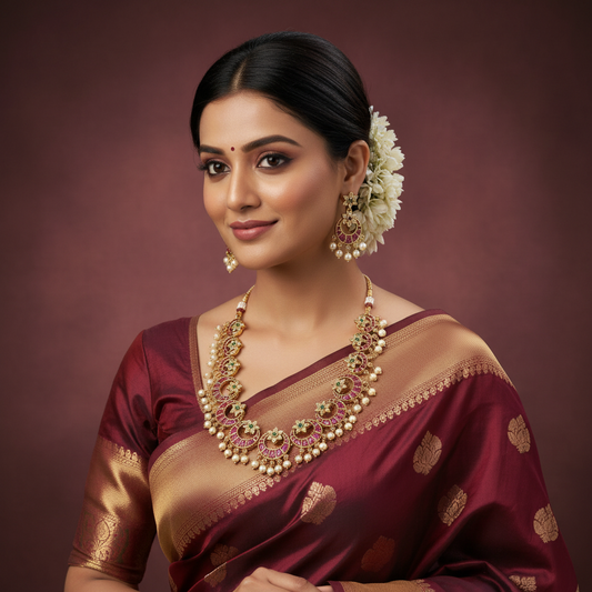 Woman wearing a traditional maroon saree with gold patterns against a dark background