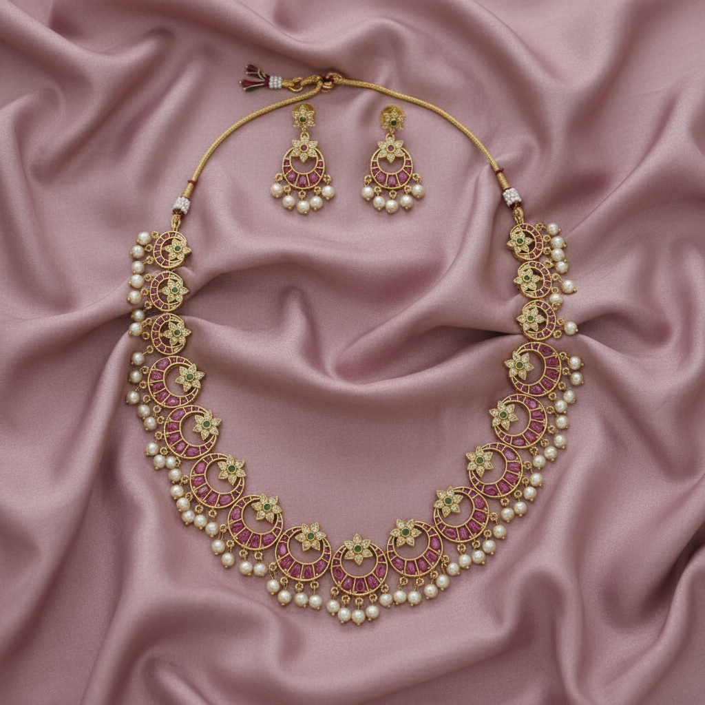 Ornate necklace and earrings set on a pink satin background