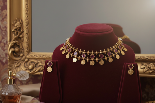 Gold necklace with floral and coin designs on a red velvet stand.