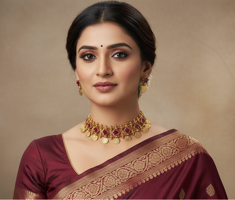 Woman wearing a maroon saree with gold border and jewelry on a beige background
