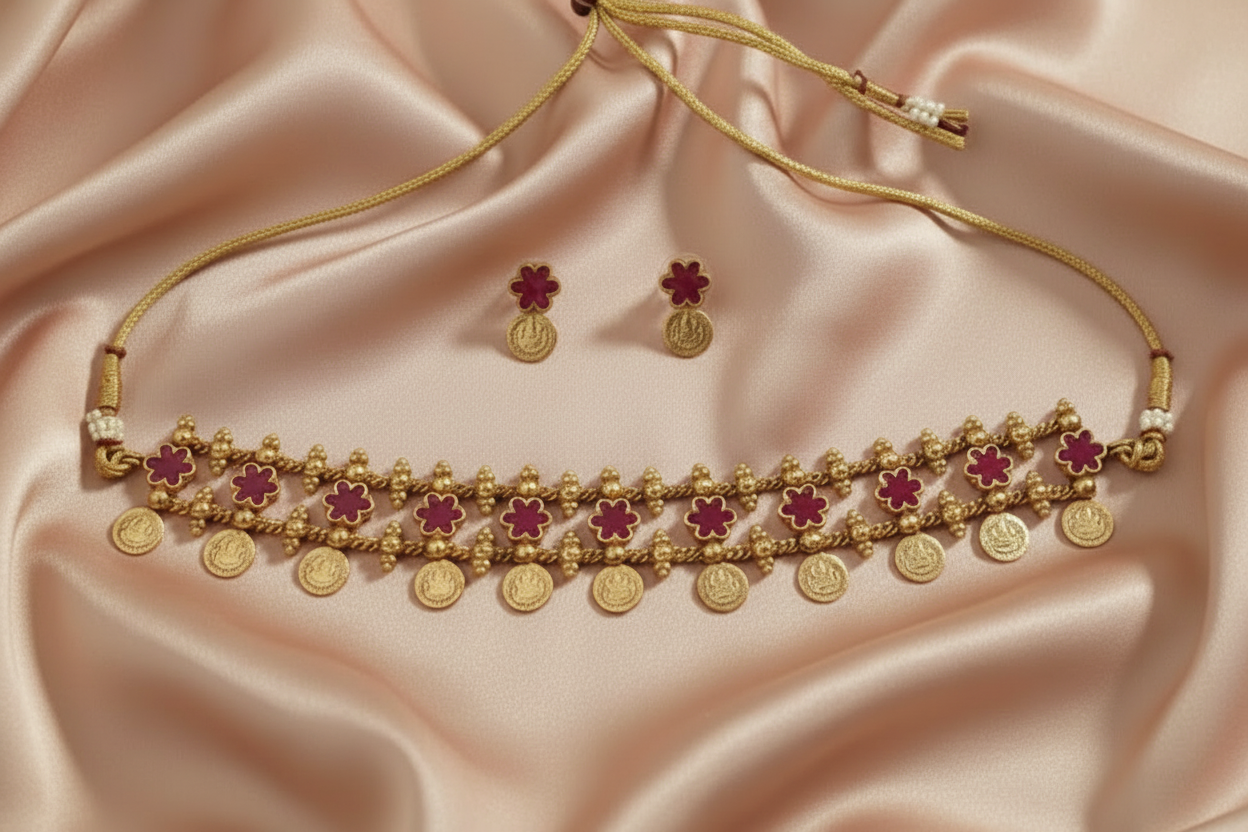 Gold necklace and earrings with pink stones on a pink satin background