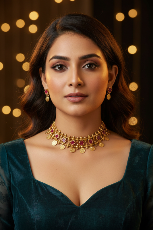 Purple Lakshmi Layered Coin Choker Set