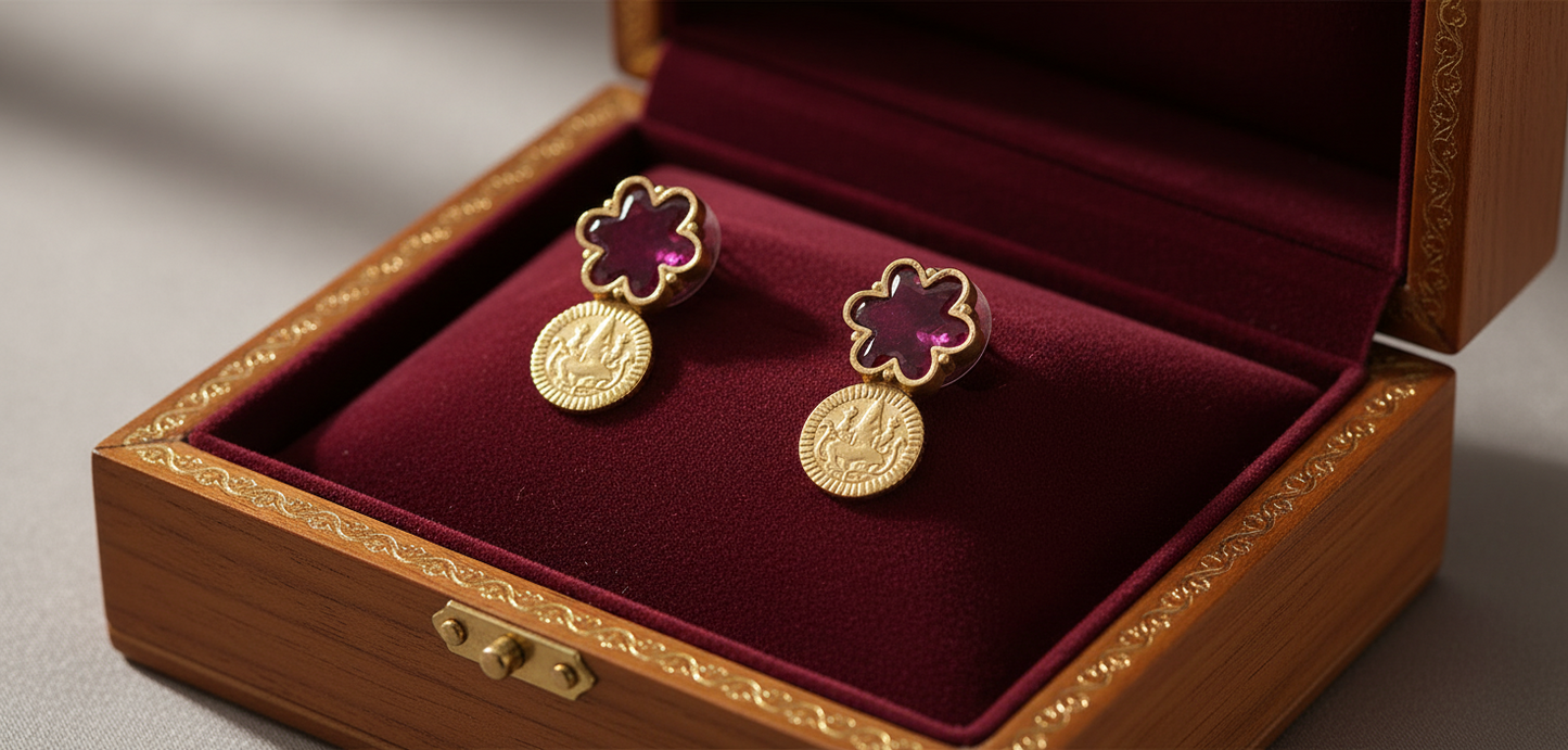 Gold earrings with floral designs in a jewelry box on a neutral background