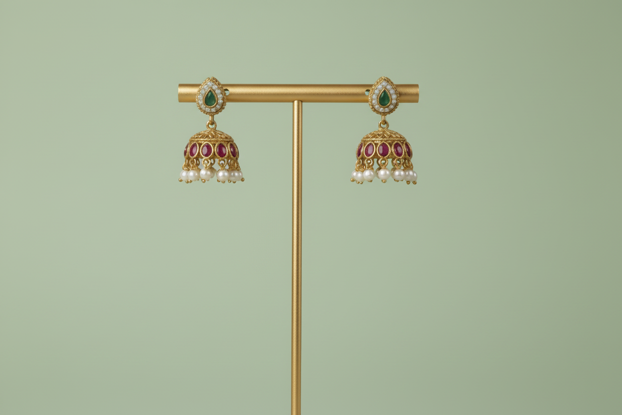 Gold jewelry stand with two pairs of earrings on a gray background