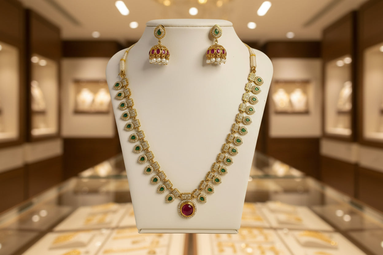Gold necklace with green gemstones and red stones on a white stand against a beige background