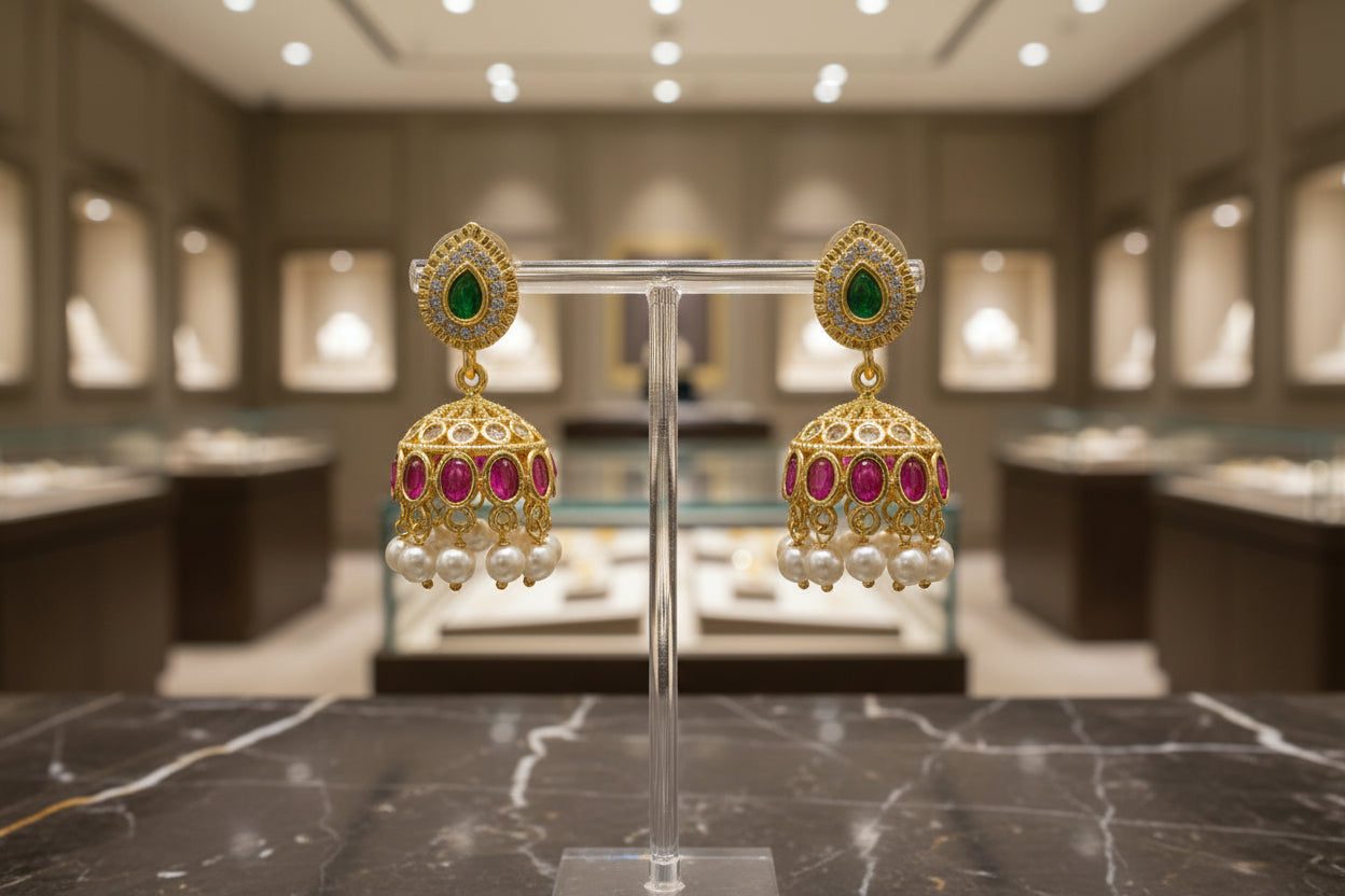 Gold earrings with green and red gemstones on a beige background