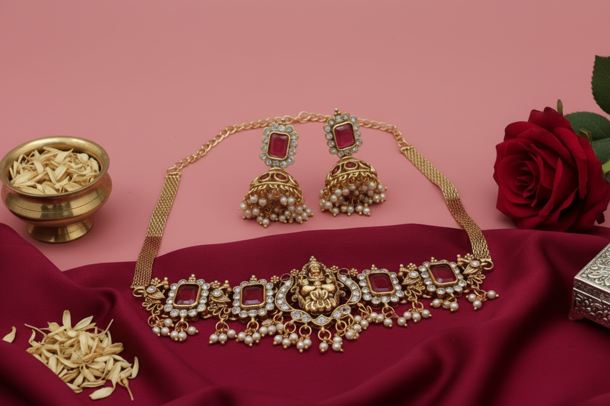 Gold necklace with red stones on a red fabric background with a rose and decorative box.