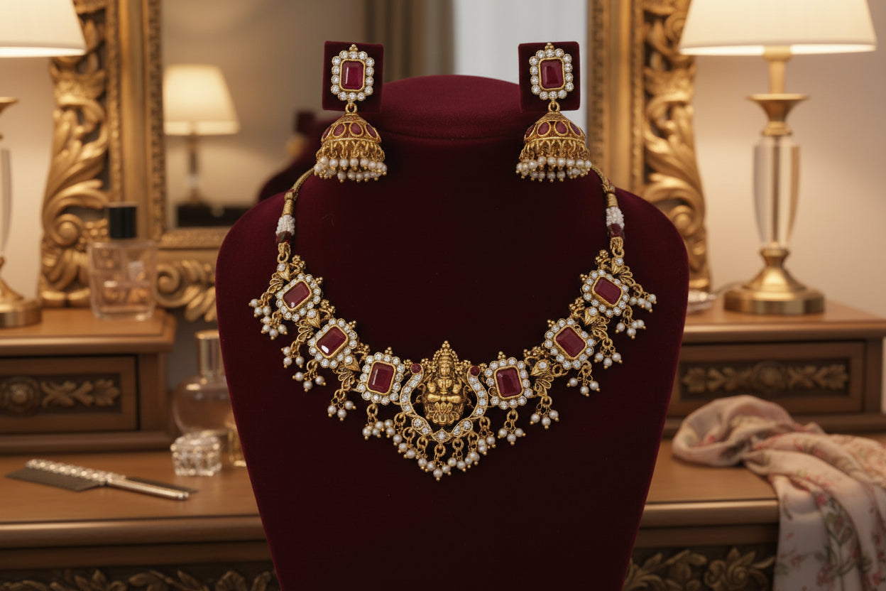 Gold necklace with red stones and matching earrings on a red stand against a gray background