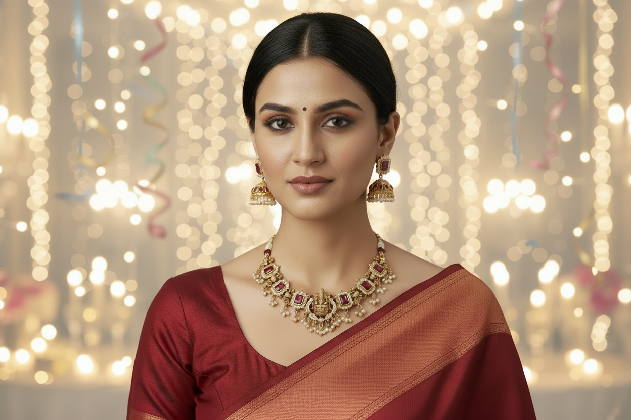 Woman wearing gold jewelry including a necklace, earrings, and a ring on a beige background