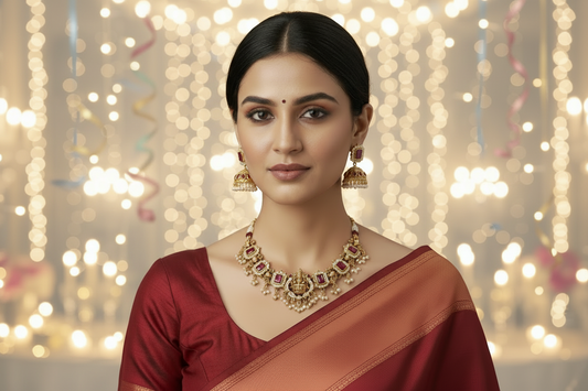 Woman wearing gold jewelry including a necklace, earrings, and a ring on a beige background
