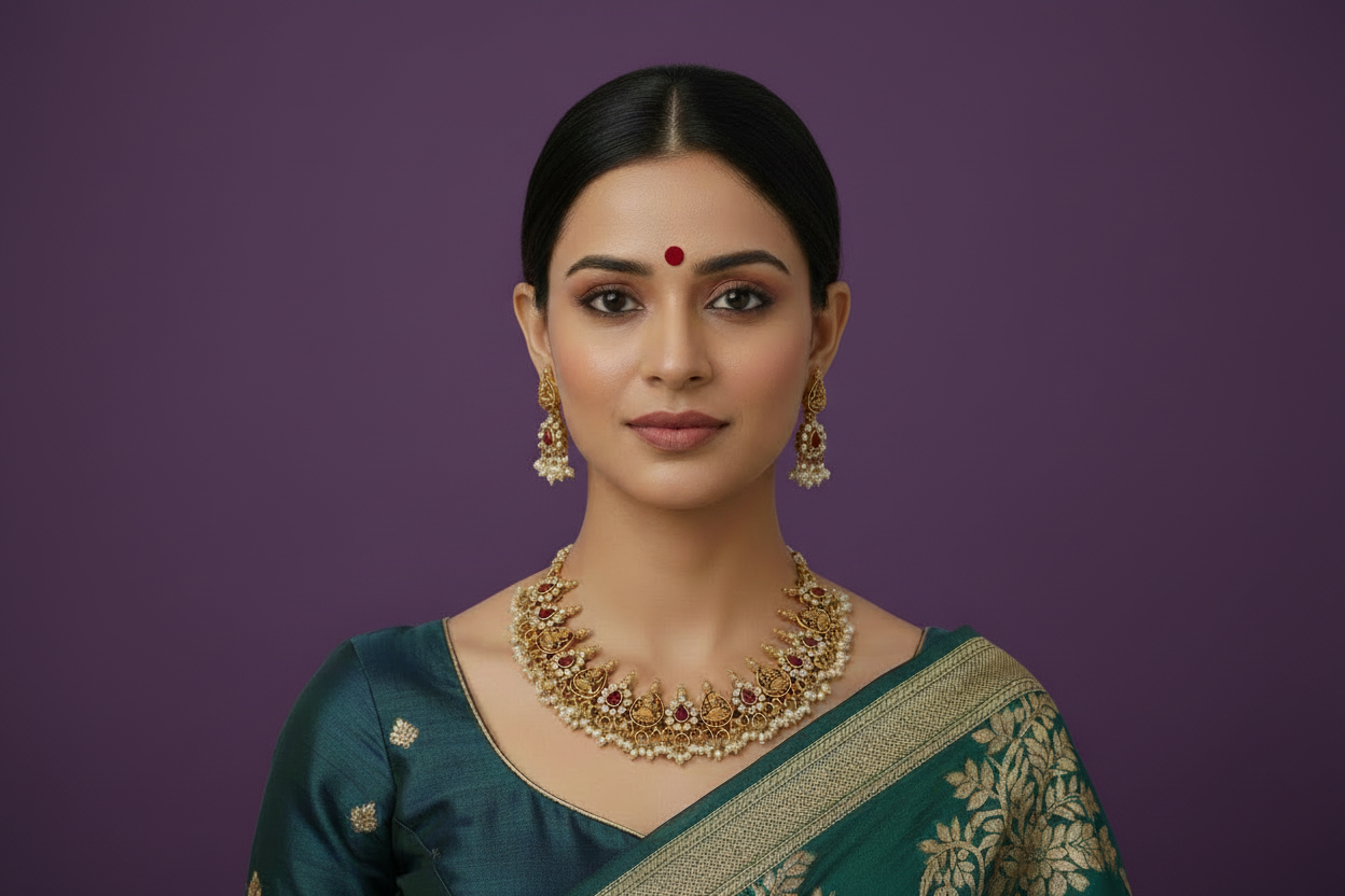 Woman wearing gold jewelry against a light purple background
