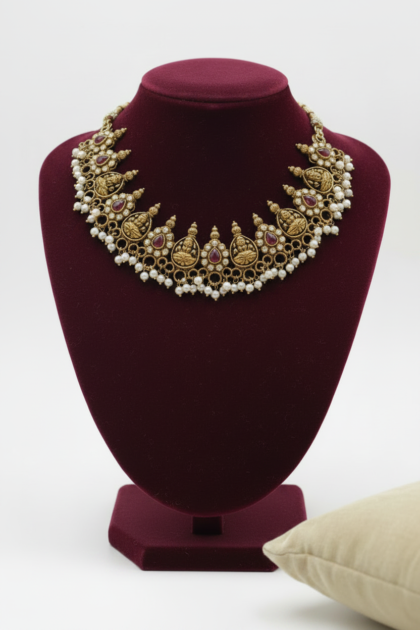 Ruby Red Adhya Temple Necklace Set