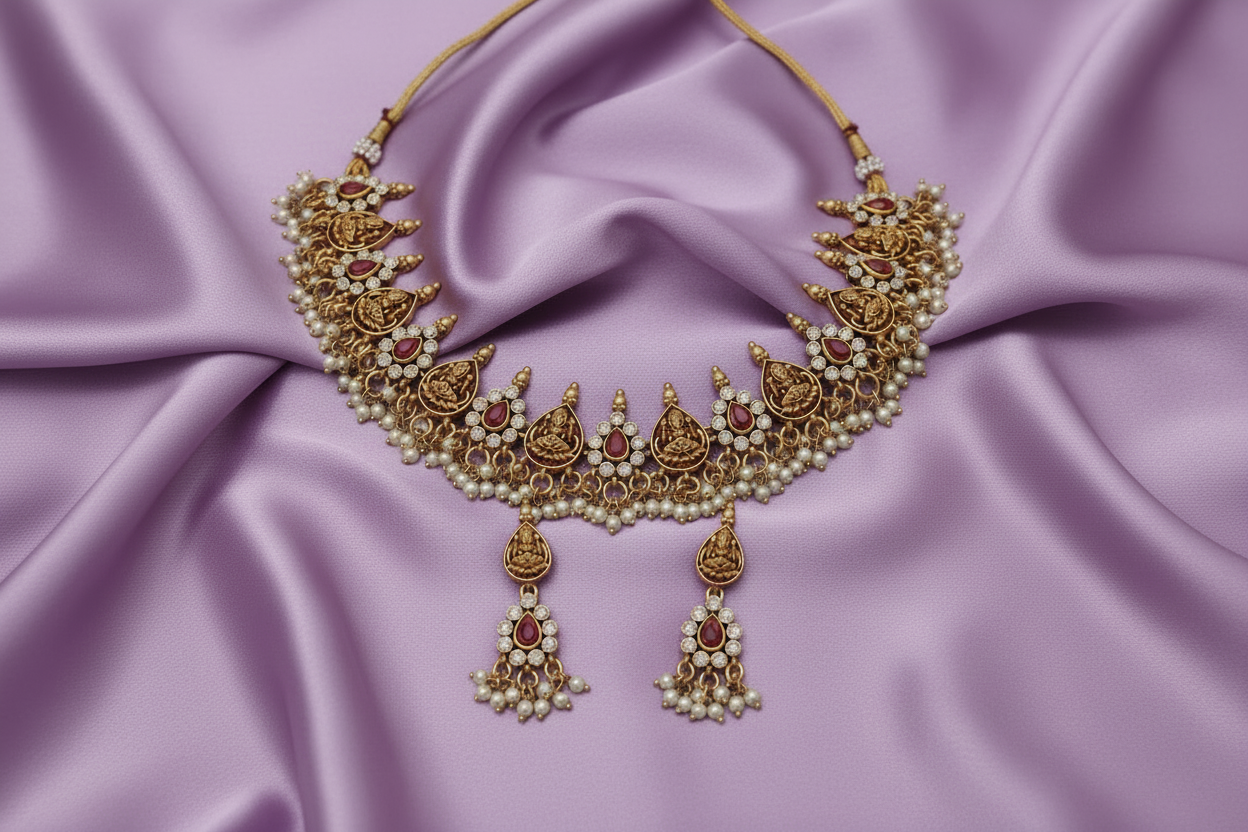 Ornate gold necklace with red stones on a beige fabric background