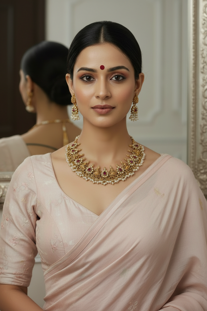 Ruby Red Adhya Temple Necklace Set