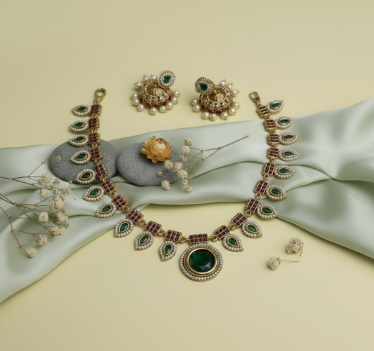 Green Pendant Lavanya Short Necklace Set