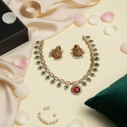 Red Pendant Lavanya Short Necklace Set