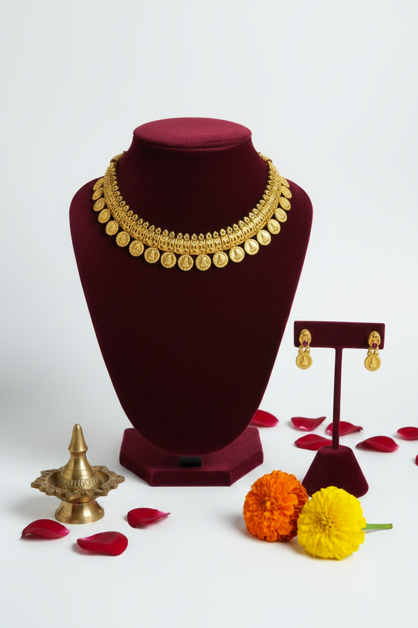 Golden Chinmayi Temple Coin Necklace Set