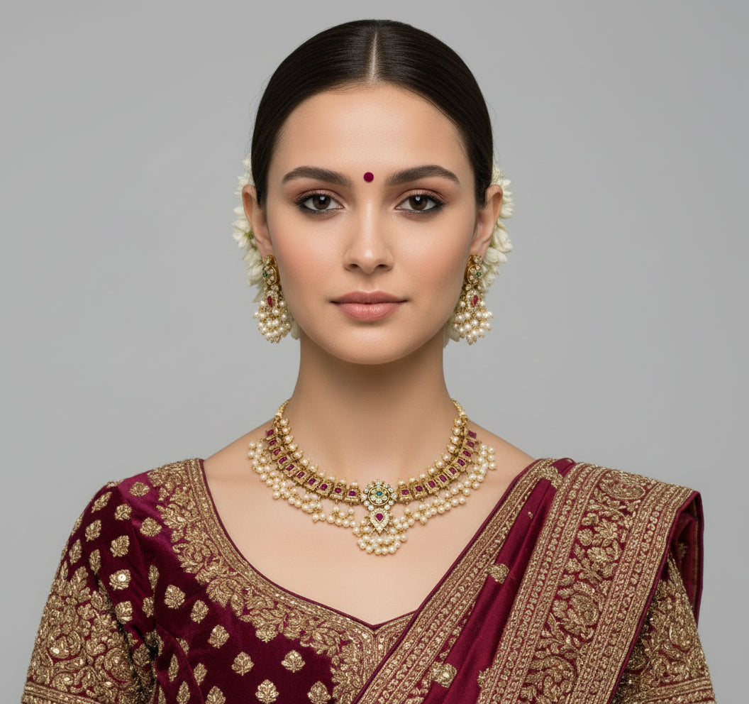 Woman wearing traditional Indian jewelry including a necklace, earrings, and a saree with intricate patterns on a gray background.