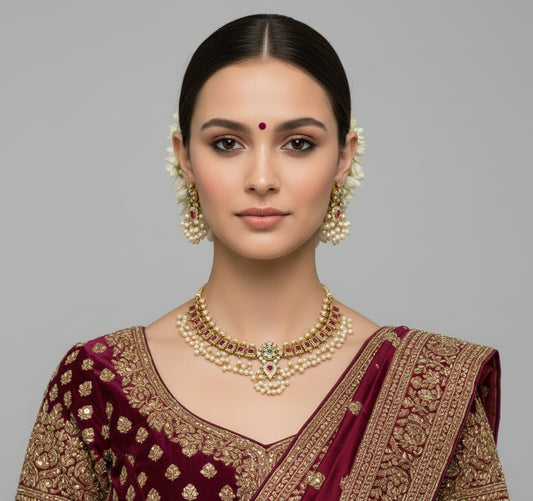 Woman wearing traditional Indian jewelry including a necklace, earrings, and a saree with intricate patterns on a gray background.