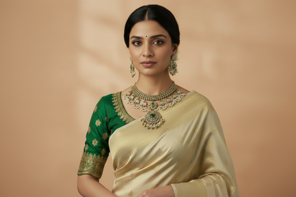 Woman wearing a traditional green and beige saree with jewelry against a neutral background