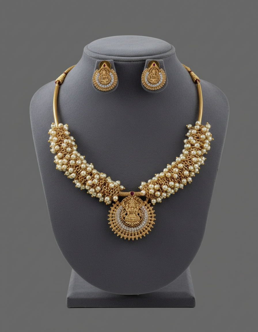 White Adhira Pearl Hasli Set