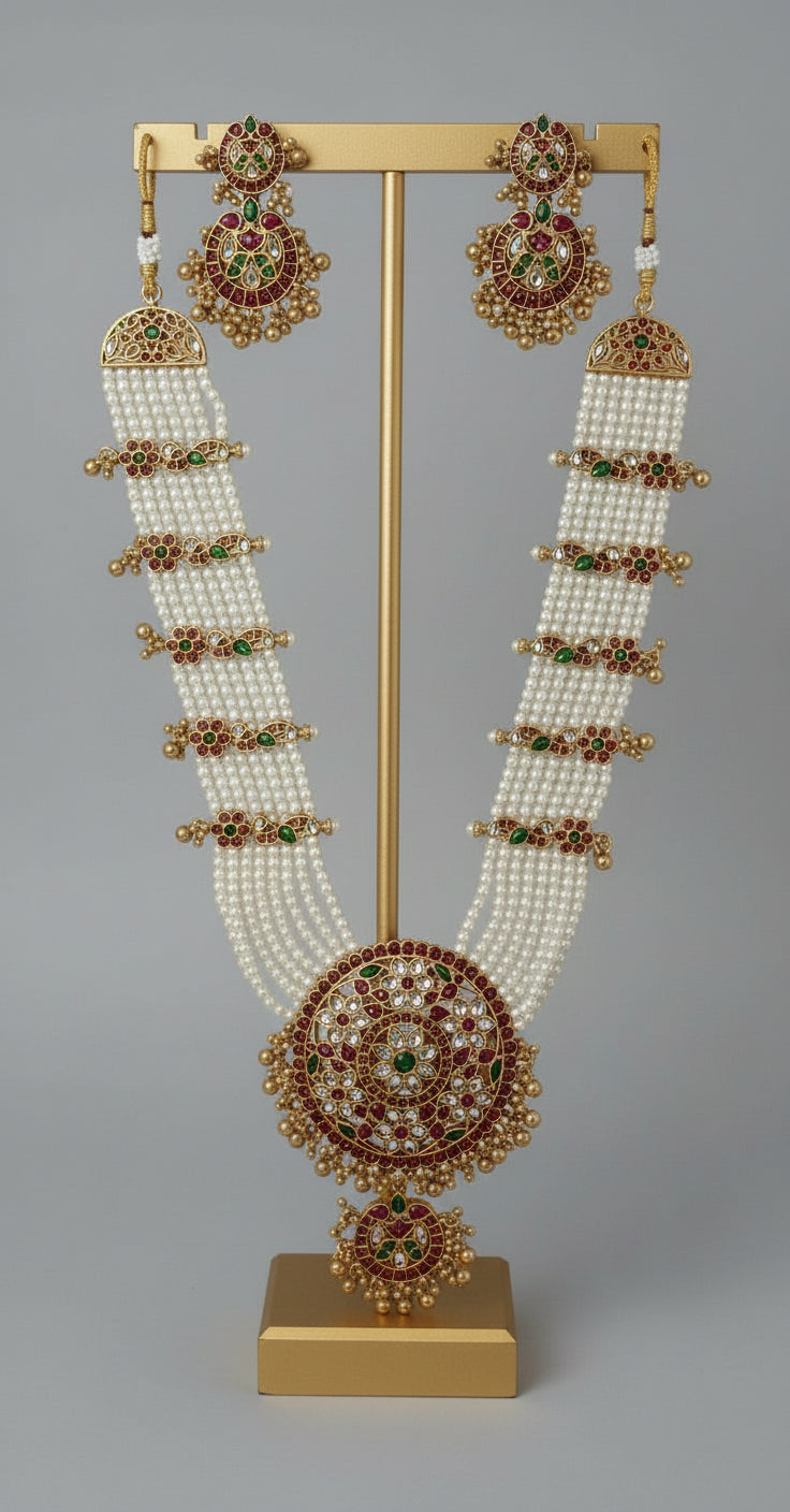 Ornate necklace and earrings on a gold stand against a gray background