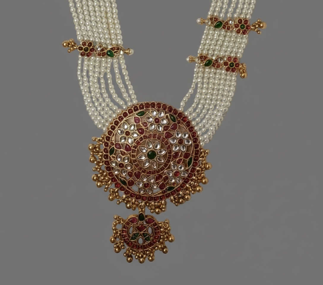 Ornate necklace with intricate design on a gray background