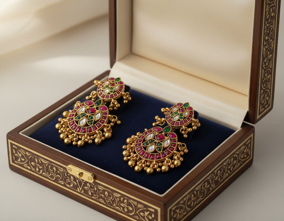 Pair of ornate gold earrings with gemstones on a white fabric background