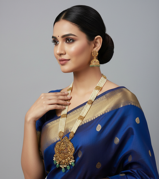 Woman wearing a blue saree with gold jewelry on a gray background