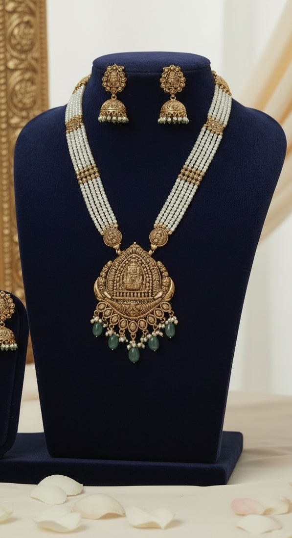 White Mahi Beads Temple Necklace Set