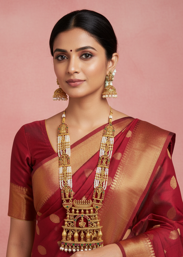Woman wearing a red saree with gold jewelry against a pink background
