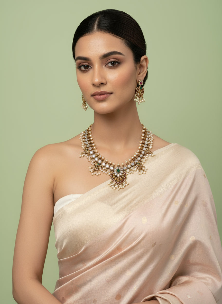 Woman wearing a beige saree with gold jewelry on a light green background