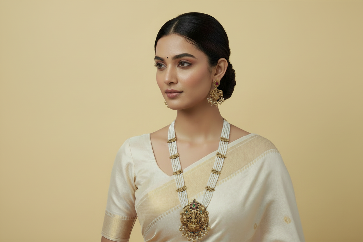 Woman wearing a traditional saree with gold jewelry against a pink background