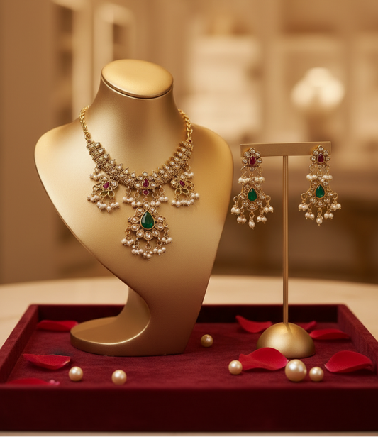 White Yashaswini Guttapusalu Necklace set