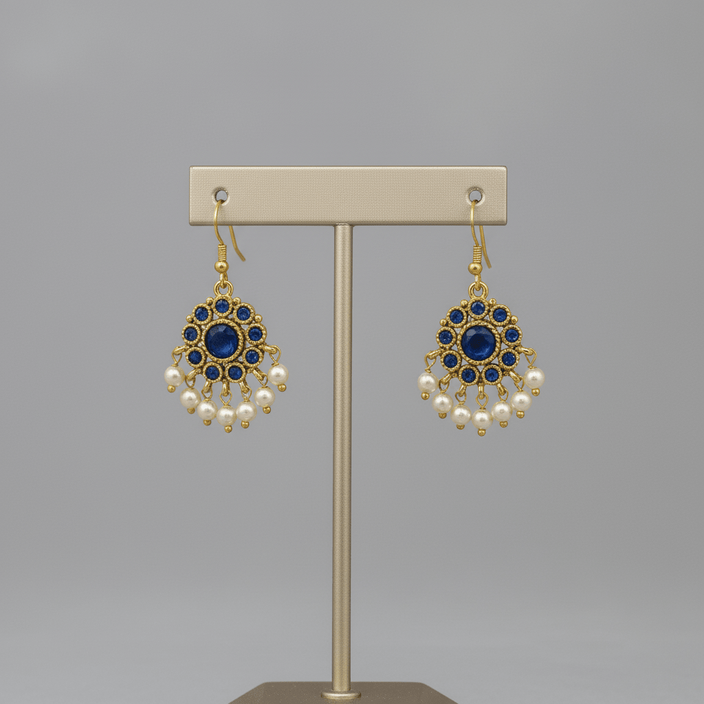 antique gold necklace with blue kemp stone floral drops and pearl detailing, finished with matching floral drop earrings