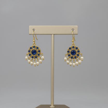 antique gold necklace with blue kemp stone floral drops and pearl detailing, finished with matching floral drop earrings