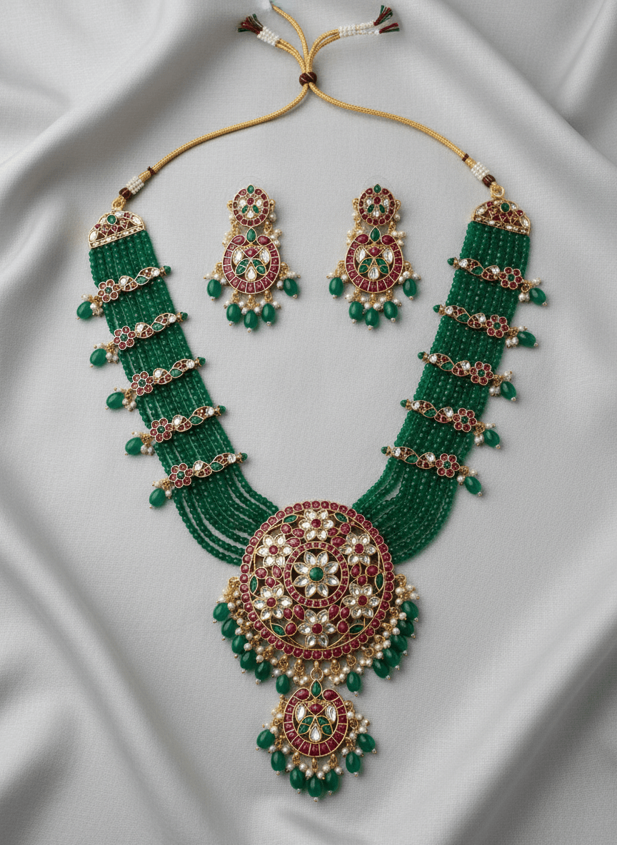 Emerald Divya Beads Temple Necklace Set
