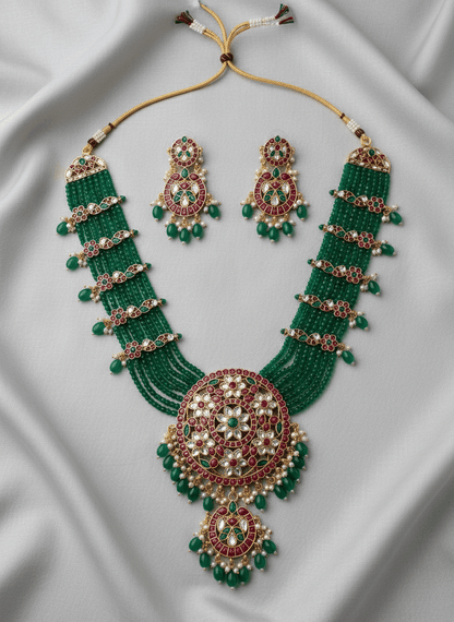 Emerald Divya Beads Temple Necklace Set