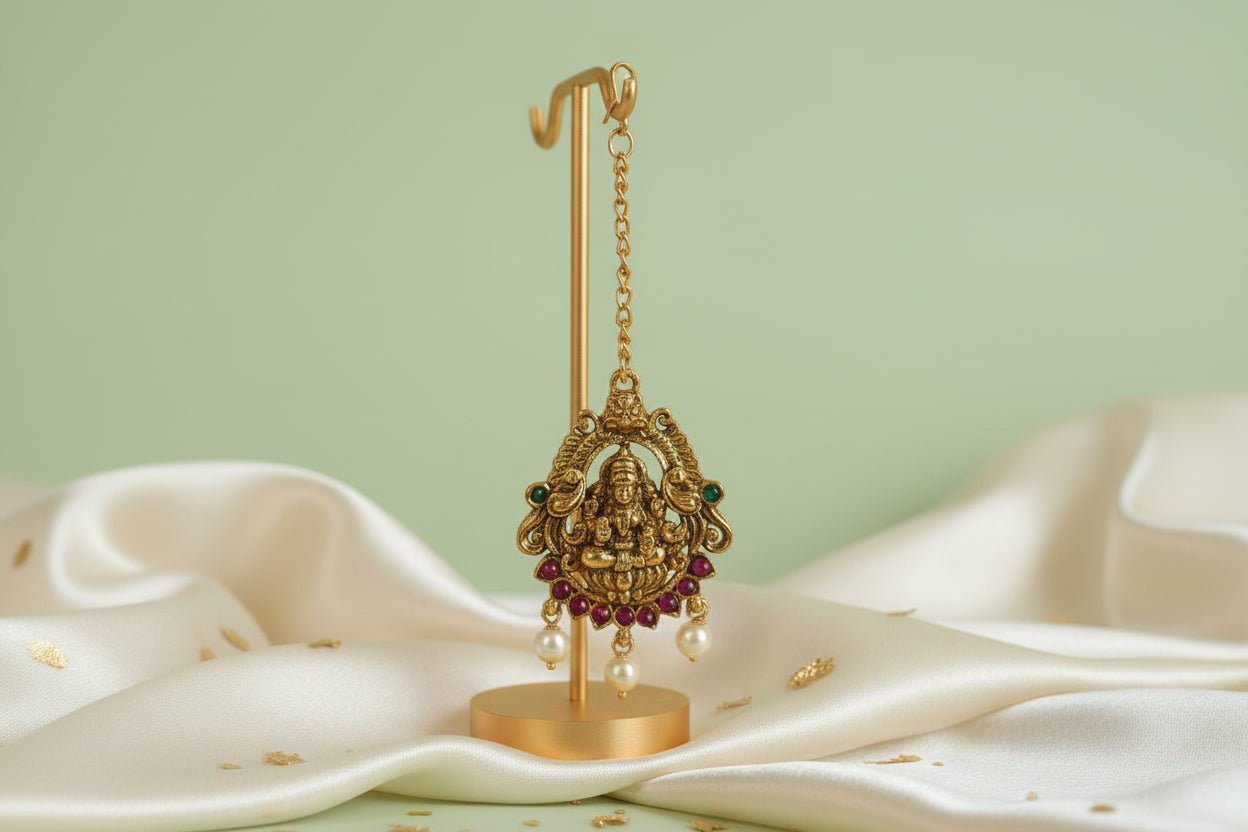 This exquisite handcrafted gold necklace set embodies the grandeur of South Indian temple jewelry.