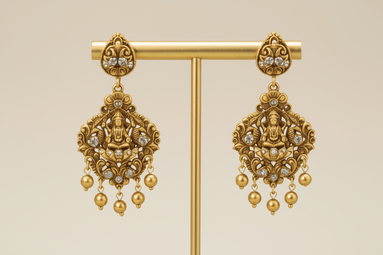 Lakshmi-peacock pendant set in antique gold finish, featuring white stone inlay and gold bead hangings.