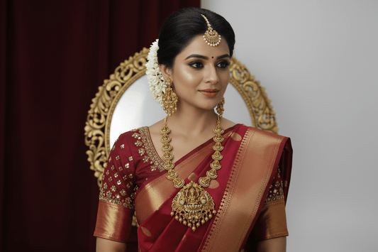 Lakshmi-peacock pendant set in antique gold finish, featuring white stone inlay and gold bead hangings.