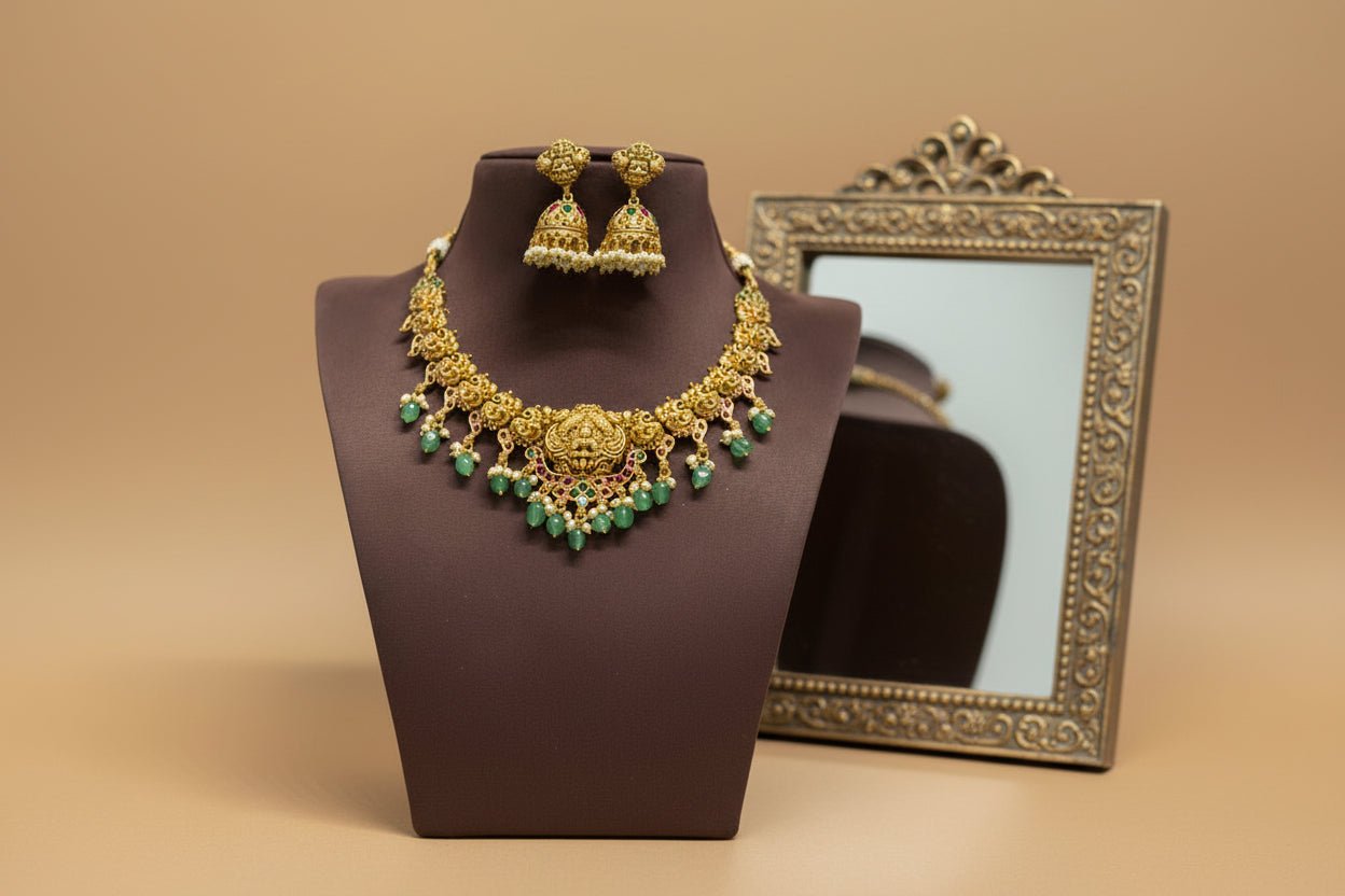 Golden Mehar Jadau Temple Necklace Set