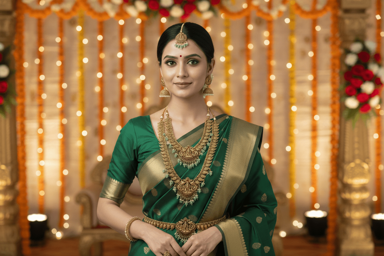 antique gold bridal combo set with layered necklace, waist belt, jhumkas & maang tikka featuring mint-green bead drops