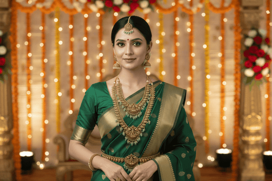antique gold bridal combo set with layered necklace, waist belt, jhumkas & maang tikka featuring mint-green bead drops