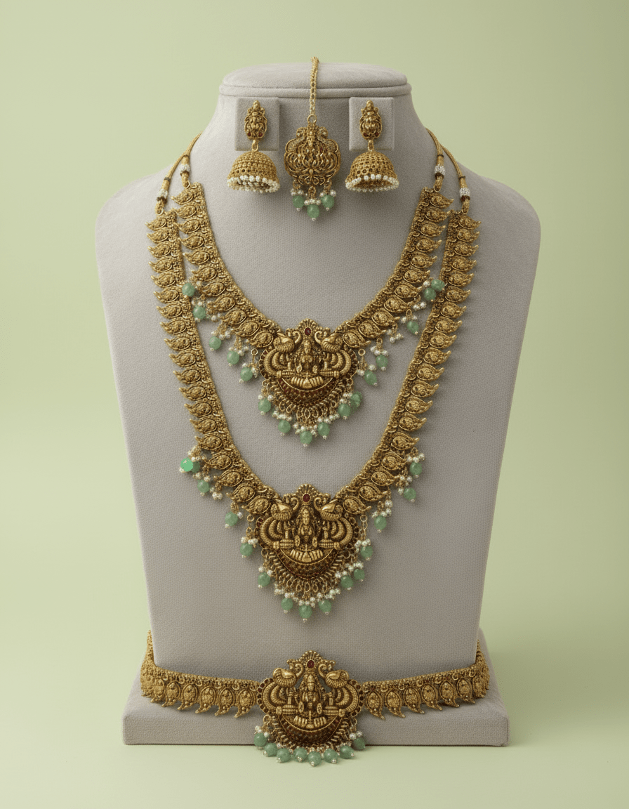 antique gold bridal combo set with layered necklace, waist belt, jhumkas & maang tikka featuring mint-green bead drops