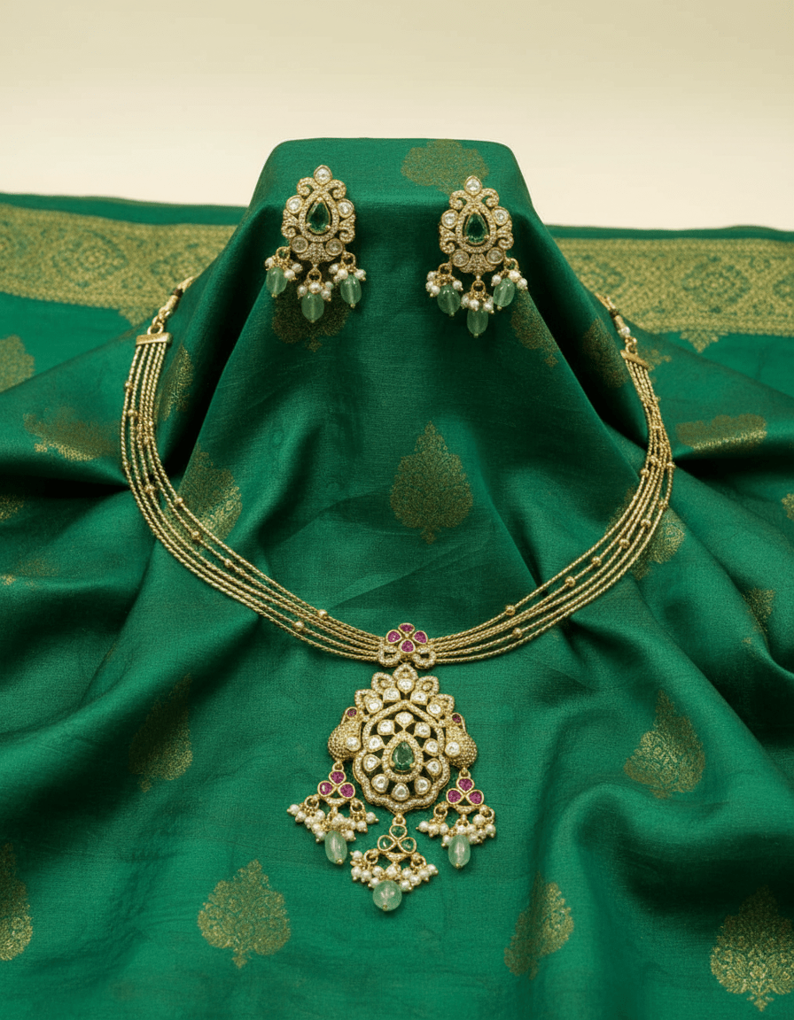 Multi-strand necklace set in gold finish, with a central motif with pink and green stones, white accents, and pearl hangings.