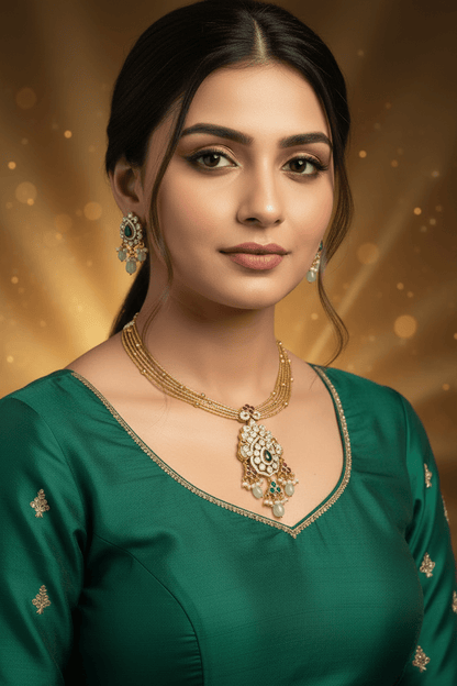 Multi-strand necklace set in gold finish, with a central motif with pink and green stones, white accents, and pearl hangings.